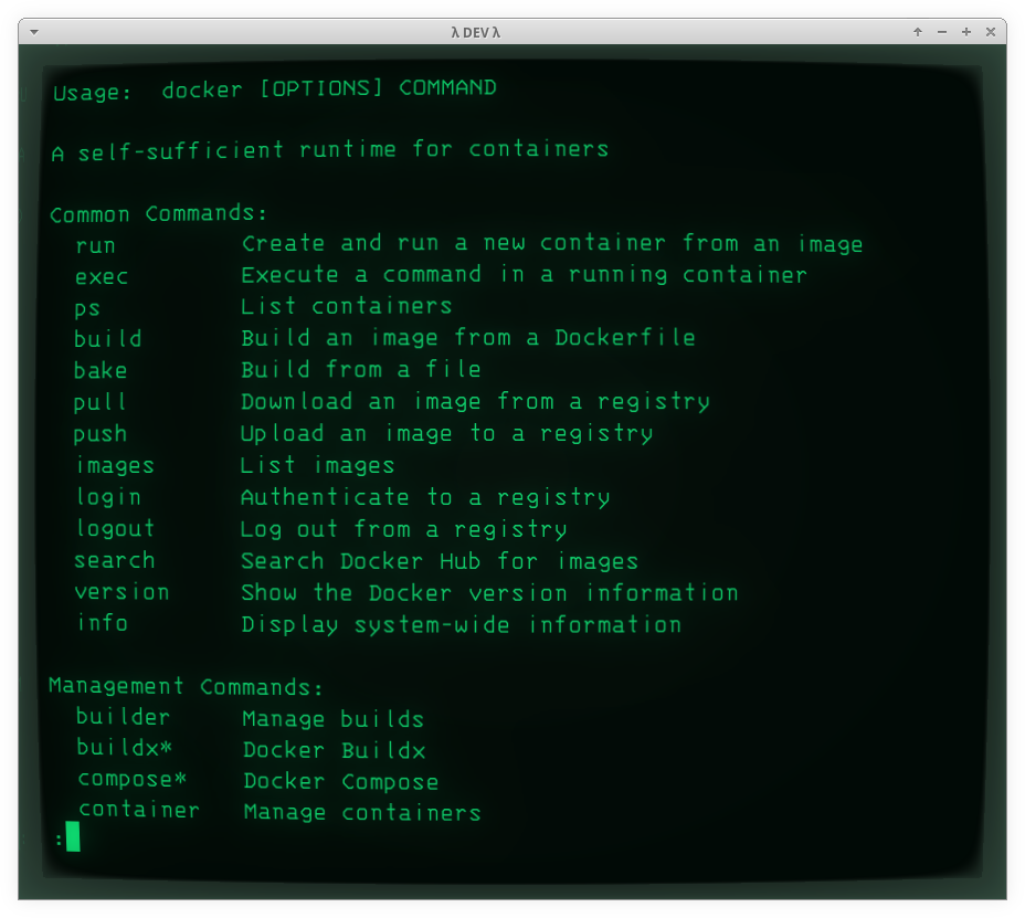 Docker --help sample in cool-retro-term green