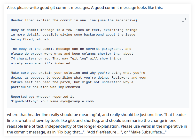 Linus Torvalds Subsurface good commit messages