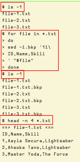 Sed insert CSV header row in multiple files