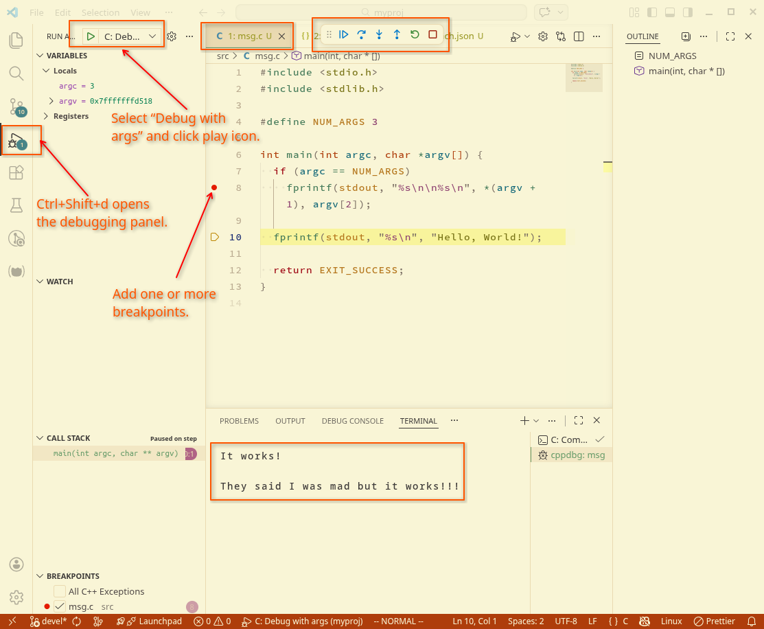 VS code debug C program with STDIN args